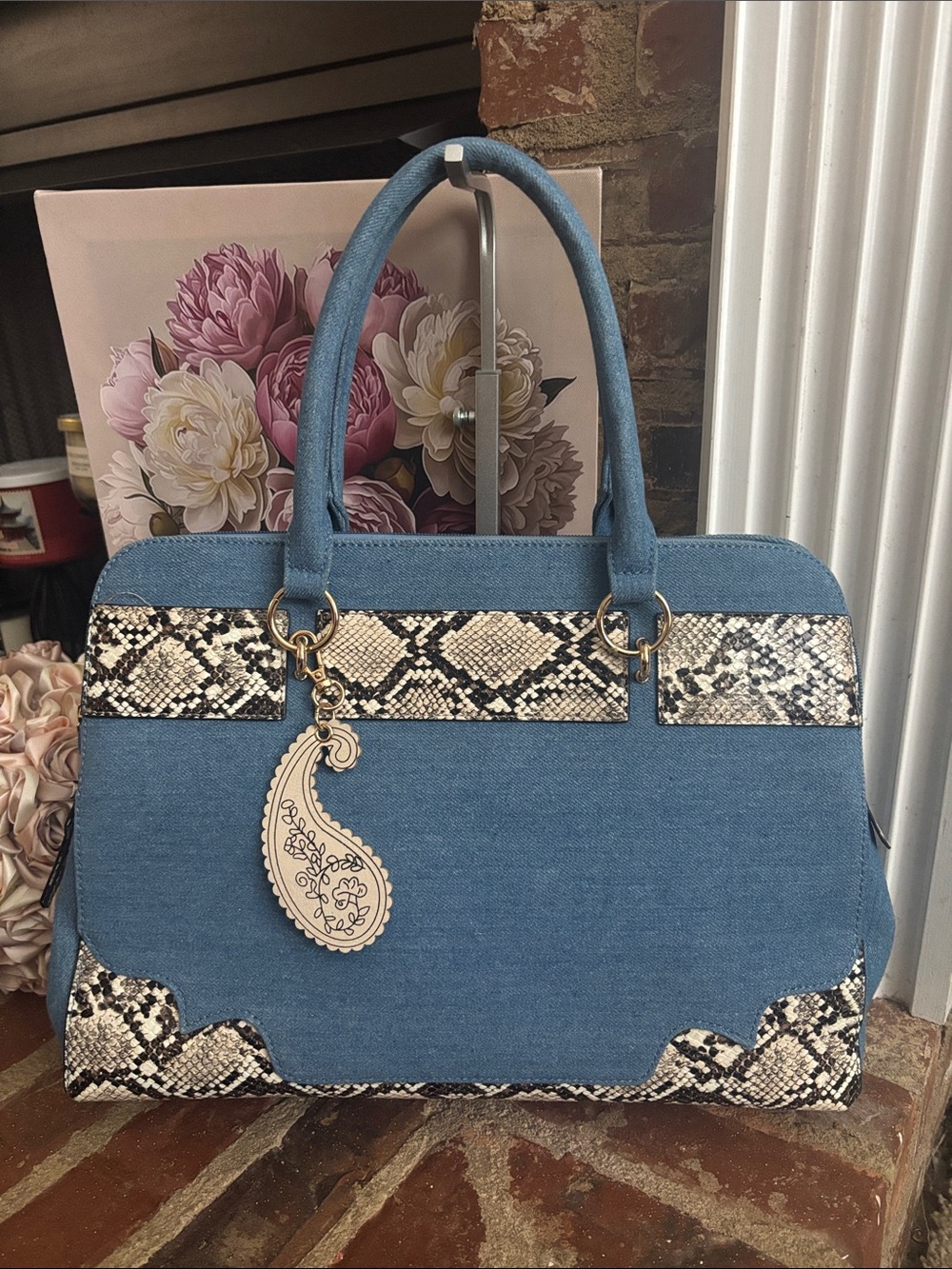 Cato Denim Blue Top-Handle Tote with Snake-Trim Accent